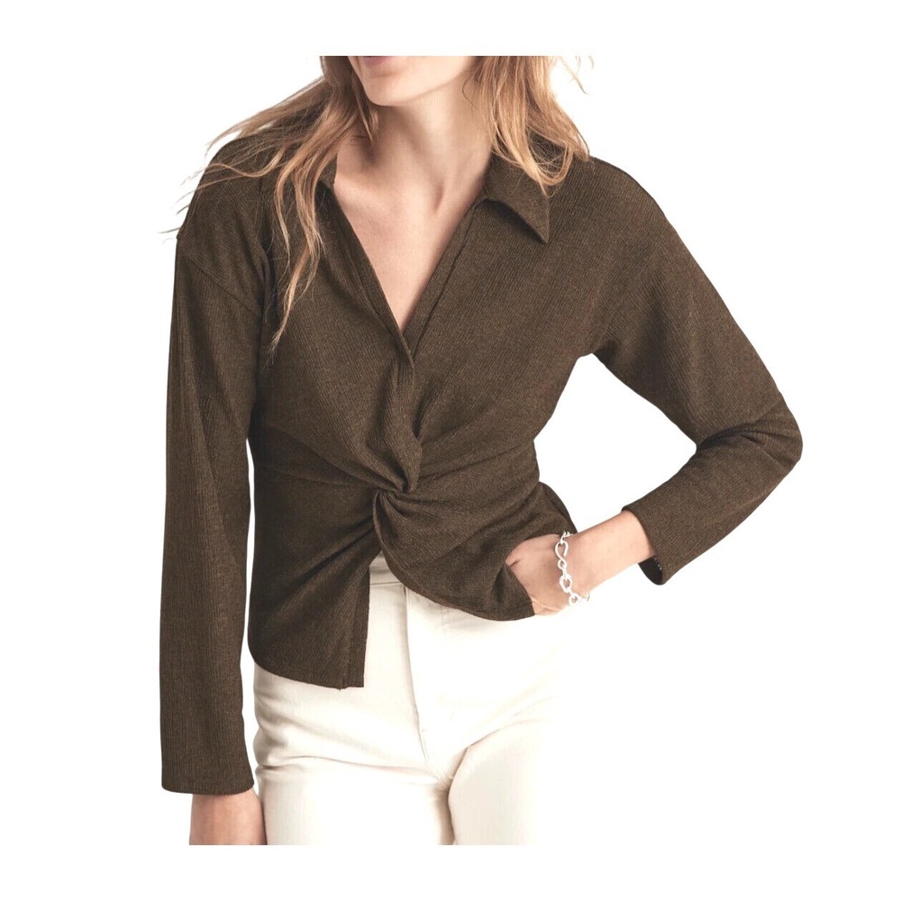 MADEWELL Dark Green RIBBED CREPE Snap V-NECK Pullover TWIST-FRONT Blouse/Top XS